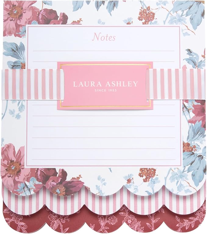 Laura Ashley Layered Notepad - 6.5 x 7.5 Inch 3-in-1 Color Writing Pad with 150 Lined Tear-Off Sheets with Sturdy Backboard for Home, Grocery & Office, Size 7X8, Burgundy Bloom