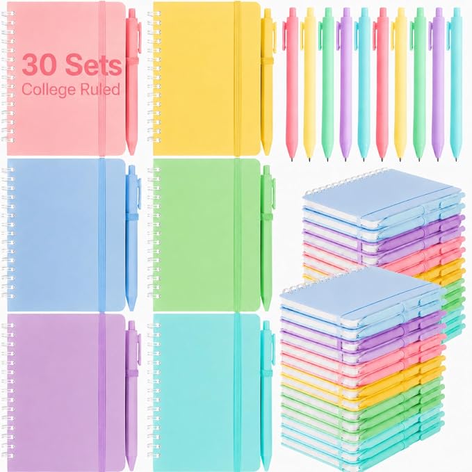 Fulmoon 30 Set Small Spiral Notebooks A6 with Pens Bulk, Multicolor 4" x 6" Pocket Notebooks Mini Lined Journals 50 Sheets for Back to School Supplies Students Rewards Office Gifts (Dream Pastels)