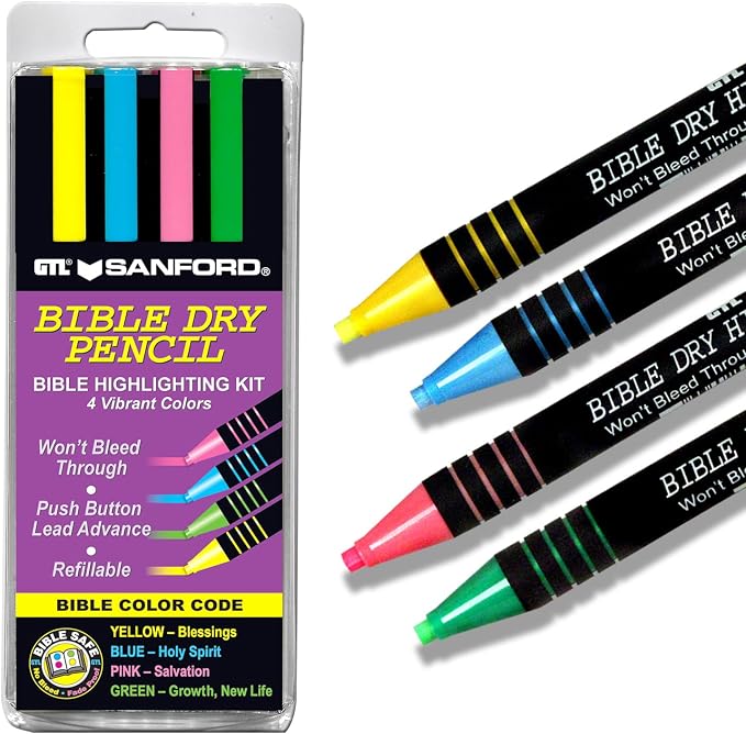 G.T. Luscombe Company, Inc. Bible Dry Highlighting Kit | No Bleed Eco-Friendly Refillable Dry Highlighters | No Sharpening | No Smearing or Fading | Yellow, Blue, Pink, Green (Set of 4)