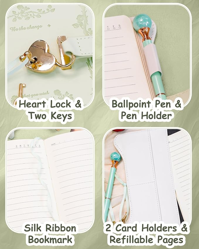 Hoci Poci Diary with Lock and Keys for Girls Gift Ideas, 360 Pages Journal | Elegant Gift Box for Teen Girls, B6 Gold Edged Pages Refillable Notebook with Pen and Bookmark for Writing, Garden Matcha