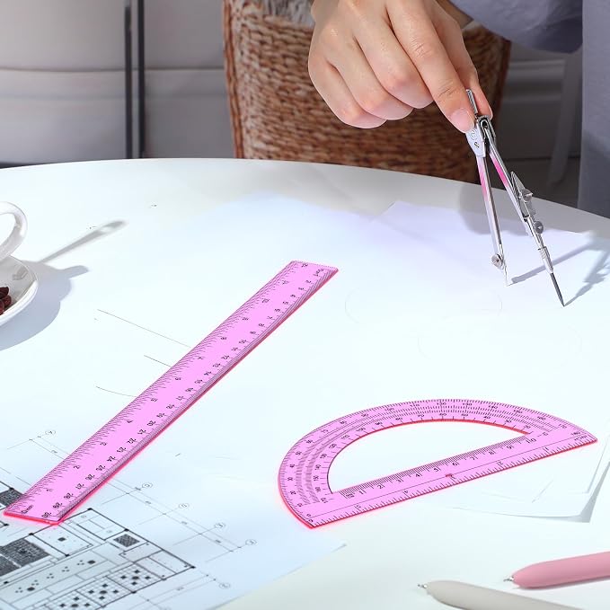 Zonon 3 Pcs Plastic Ruler 6 Inch Protractor Drawing Compass Set, Student Geometry Math Transparent Measuring Tools for Home School Classroom Office Supplies(12 Inch,Pink)