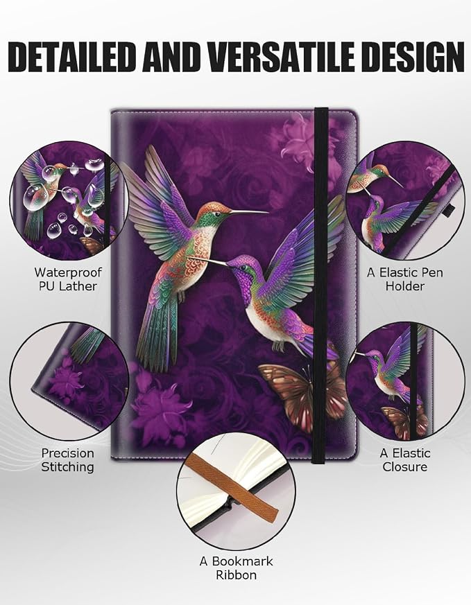 Hardcover Executive Notebooks, A5 PU Leather Lined Journal Notebook, 200 Pages Thick Paper Subject Notebooks for School,Work,Home Writing Business Notebook, Diary Book ，Hummingbird in Flowers
