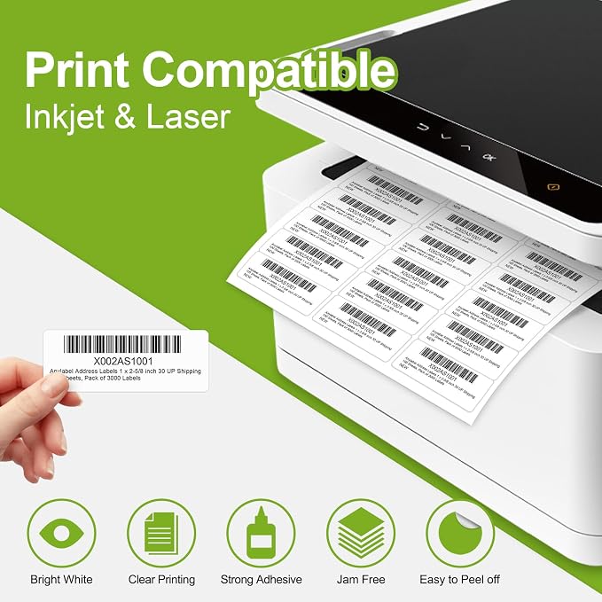 3000 Labels 100 Sheets 1" x 2-5/8" 30 up Address Label Sticker for Laser & Inkjet Printer - 30 Per Page Mailing Labels for Packages Adhesive, 30-up Return Printable Label