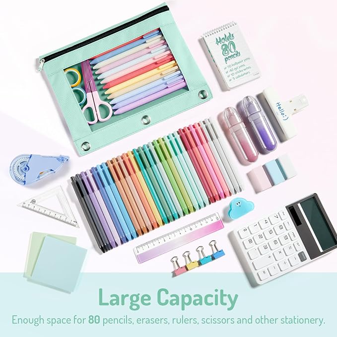 Forvencer Pencil Pouch for 3 Ring Binder, Pastels Pencil Case with Smooth Zipper, Cute Soft Pen Bag with Clear Window & 3 Reinforced Grommets, Big Capacity Binder Bag, School Office Supplies, Purple