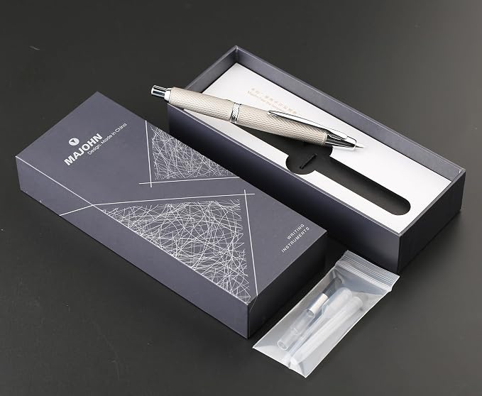 erofa Majohn A1 Retractable Fountain Pen with Box, Press Extra Fine Nib Metal White Grid Ink Pen with Converter Writing Set (With Clip Version)