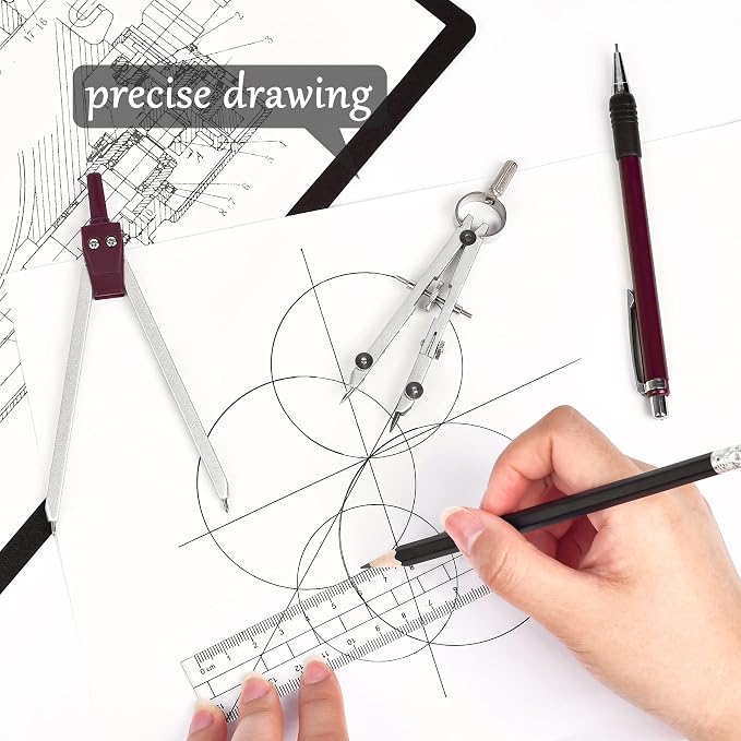 Unjoo 9Pcs Precision Geometry Set Metal Compass,Geometry Tool Set (Brown) | Shatterproof Storage Box, Circle Drafting Tool and Architecture, Drafting Kits for Engineers Students