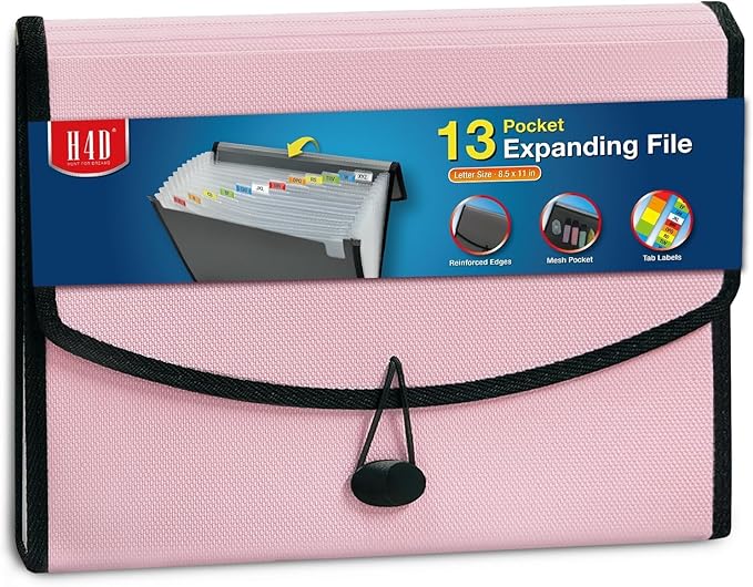 H4D 13-Pocket Accordion File Organizer, Expanding File Folder, Light Pink | Extra Back Mesh Pocket, Letter Size Paper, Pre-Printed and Customizable Labels, Expandable Document Organizer
