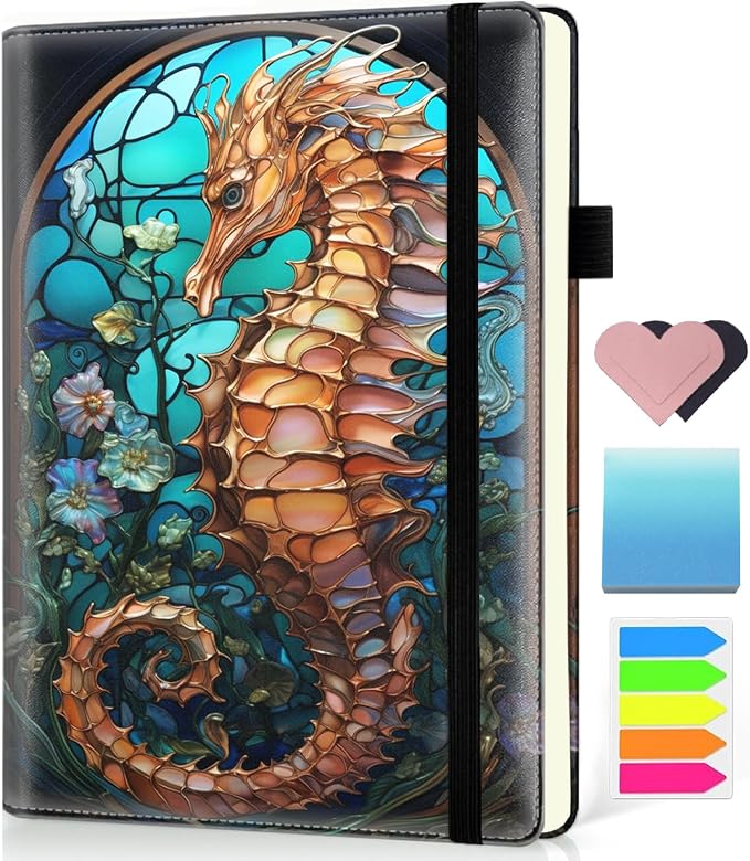 Hardcover Executive Notebooks, A5 PU Leather Lined Journal Notebook, 200 Pages Thick Paper Subject Notebooks for School,Work,Home Writing Business Notebook, Diary Book ， Seahorse Colorful