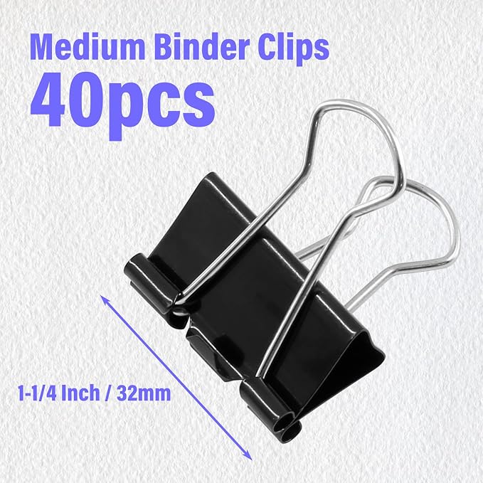 40 Pack 1-1/4" Black Binder Clips, 15mm Capacity Metal Office Clamp | Metal Paint-Plated, 32mm Wide 15mm Capacity, For Paper Document Photo Album School Office Home