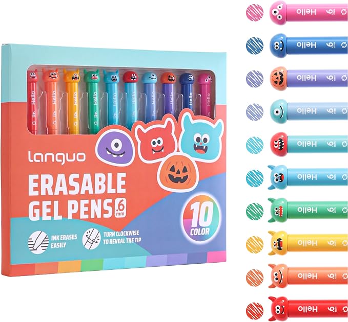languo Erasable Gel Pens, 0.6mm Fine Tip, Twist Retractable, 10 Pack | Little Devil Design, Assorted Ink Colors, Smooth Ink Flow, Clean Corrections, Ideal for Drawing, Writing, Journaling, Planner