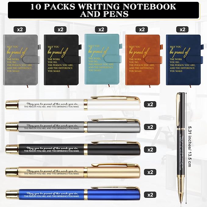 Kosiz 20 Pcs/10 Sets Employee Appreciation Gift Bulk A5 Leather Notebook Inspirational Journal Pen Thank You Gift for Men Women Coworker Teacher Office Back to School(Multicolor,Proud)