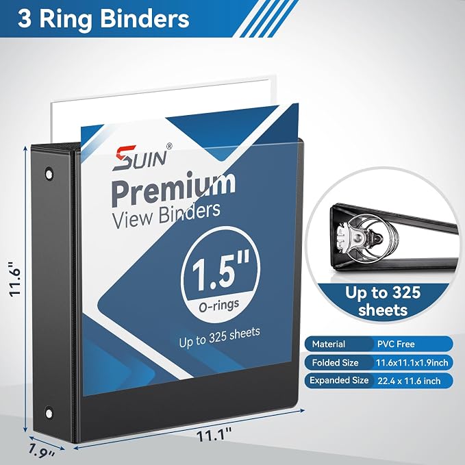 SUIN 1.5-Inch 3-Ring Binders with 2 Interior Pockets, Premium Clear View Presentation Binder Holds 325 Sheets Letter Size, Office School Home,6 Pack