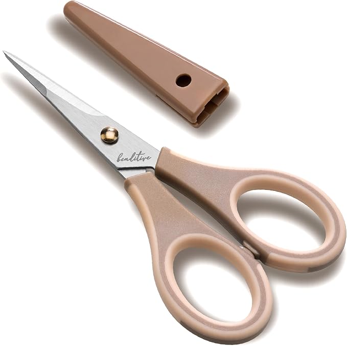 Beaditive Precision Craft Scissors - Ultra Sharp Stainless Steel Blades & Non-Slip TPR Handles - Adult & Kid Scrapbooking Scissors With Safety Cap For Home, Office, School (Milk Tea)