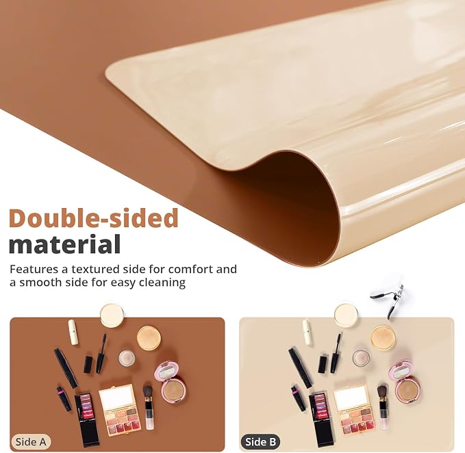 LovePads Makeup Mat for Vanity, 16 x 32 Dual-Sided Desk Pad & Vanity Cover Top, Waterproof PVC Protector Mat for Dresser, Nail Art, Craft Table (Brown+Beige)