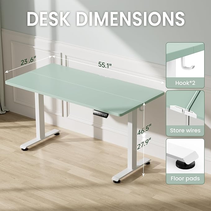 Veken 55 Inch Large Electric Standing Desk, Gaming Table, Green | Height Adjustable Sit Stand Up Computer Tables for Home Office, Study , Writing, Suit students, employees and group work
