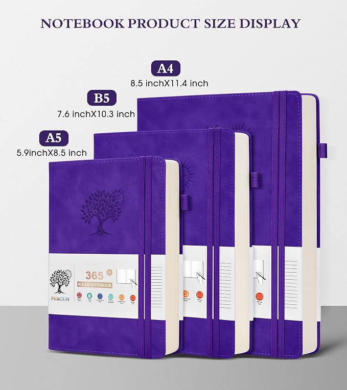 PERCUN A4 Lined Journal Notebook，365 Page Large Leather Journals for Writing Women Men，Hardcover Notebook with 100Gsm Thick Pages for Travel，Work，School，College Ruled, Daily Diary (8.5" x 11.4")