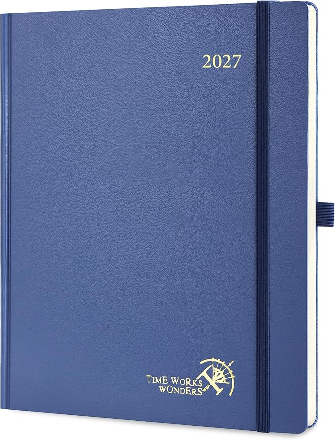 POPRUN 2027 Planner Weekly and Monthly, Large 8.5" x 10.5" Calendar, Jan 2027- Dec 2027 Agenda, Daily Appointment Book with Hourly Time Slots, Monthly Tabs, Hardcover, 100 GSM - Navy Blue