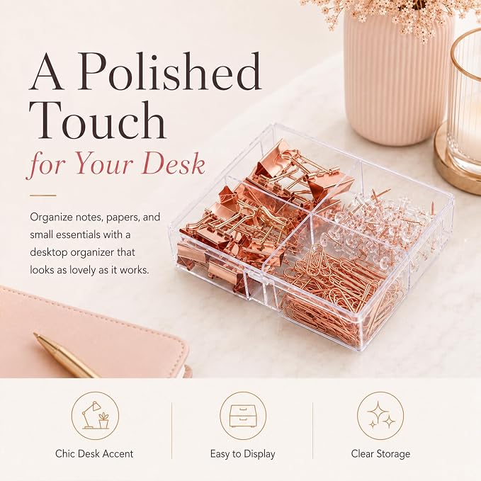 Cute Paper Clips Binder Clips Combo Set, 165 Psc, Assorted Size Paper Clips for Office, Cute Office Supplies Set, Rose-Gold