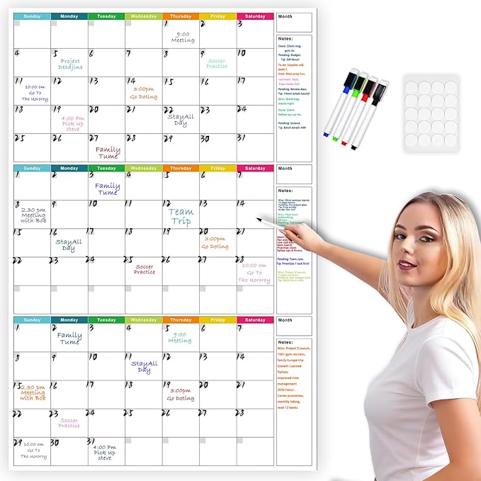 Dry Erase Calendar for Wall 24x36in Undated 3 Month Celendar with 4 Markers | Colorful Layout Reusable PET Erasable Surface, Large 3-Month View, Easy to Write and Wipe Clean