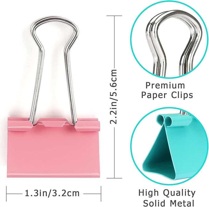 ZZTX 24 Pack Medium Binder Clips 1.3 Inches Assorted Colors | Paper Clamps Clips, Durable steel, Strong clip, Color-coded