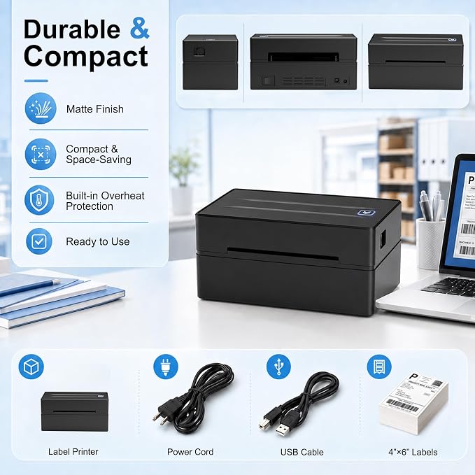 Thermal Shipping Label Printer 4x6 Bluetooth Label Maker for Small Business | Wireless Mailing Shipping Printer for USPS UPS Amazon Shopify Etsy - Compatible with iPhone Android Windows & Mac (Black)