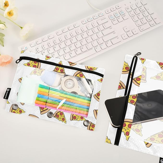 Gredecor Binder Pencil Pouch 3 Ring Pizza Doodle White Zipper Pencil Pouches Case 2 Pack Clear Binder Organizer for School Office