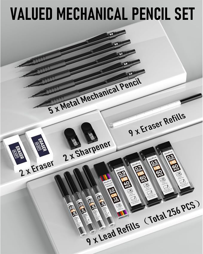 Nicpro Black Art 5PCS Mechanical Pencil Set, Metal Drawing With Lead Eraser | Pencils 0.3, 0.5, 0.7, 0.9 mm & 2mm Graphite Holder For Sketching Drafting With 9 Tubes (4B 2B HB 2H Colors) Refills Case