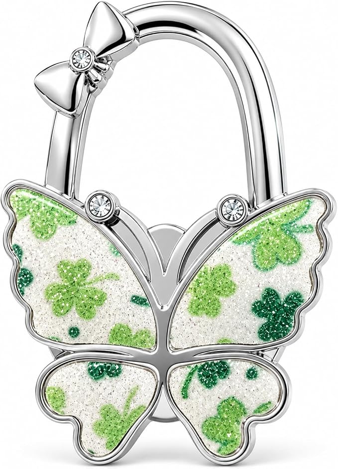 Purse Hook for Table, Foldable Handbag Hanger for Women, Portable Bag Holder with Non-Slip Base, Cute Bling Clover Butterfly Purse Table Hook for Restaurant Office Travel Gift