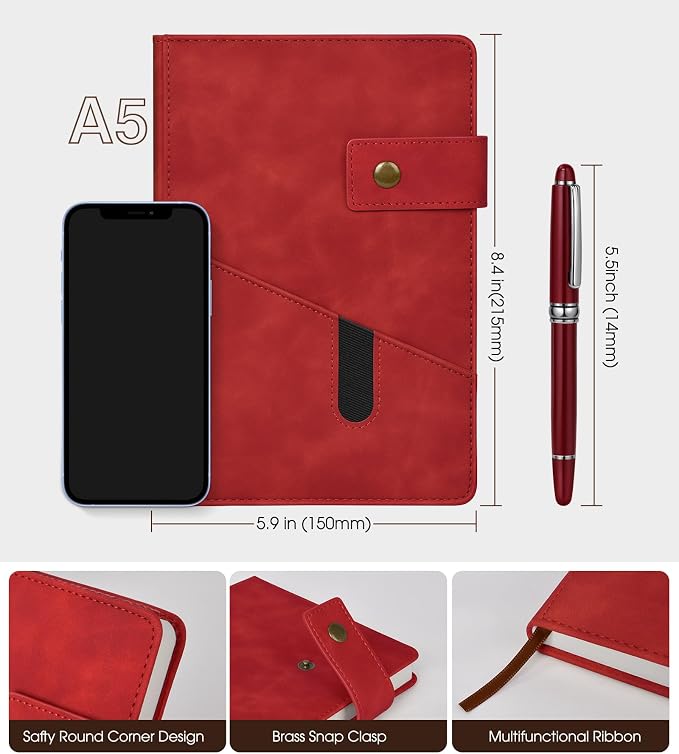 Lined Journal Notebook with Pen, A5 Personalized Hardcover Leather Journal for Men Women, 200 Pages 100 GSM Thick Paper College Ruled Notebooks for Work Travel School Writing Diary 5.9" X 8.4" Red