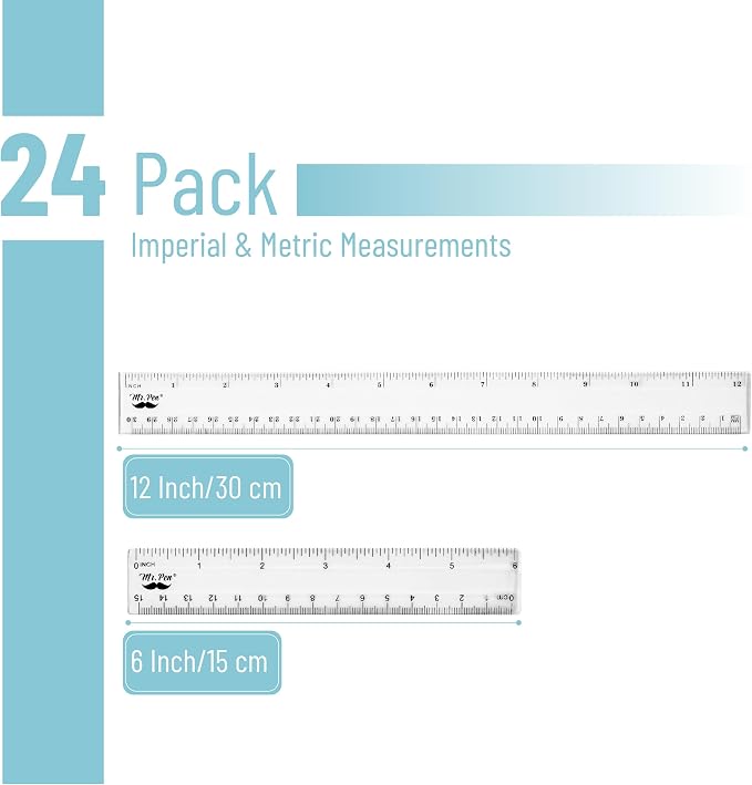 Mr. Pen- Plastic Rulers, 24 Pcs, 6 Inch & 12 Inch, Easy-to-Read Markings | Scratch-Resistant Design with Inches and Centimeters, Durable Transplant Rulers for Crafting Office & School, School Supplies