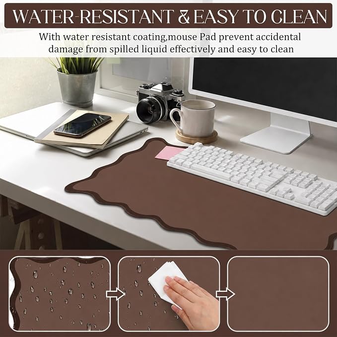 Hahafelt Scalloped Desk Mat Large Desk Pad Cute Coquette Table Mat Back to School Preppy Table Make up Pad Nonslip Graduation Gift with Stitching Waterproof Gaming(Brown,31.5 x 15.8 Inches)