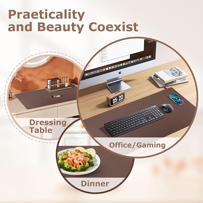 Wireless Charging Mouse Pad 2 in 1 Leather Multifunctional Office Desk Pad with Non-Slip Rubber Base, Waterproof Desk Pad for Computers/Office/Work/Home/Decor 36" x 17" Brown