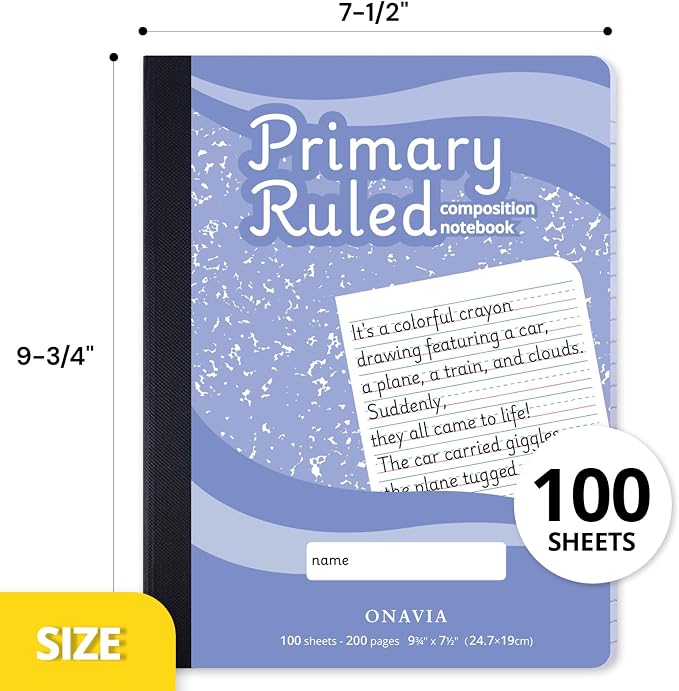 ONAVIA Primary Composition Notebook K-2, Drawing Space, 200 Pages | 100 Sheets, 9.75 x 7.5 in, Draw and Write Primary Composition book, Kindergarten Writing Journal