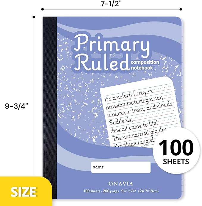 ONAVIA Primary Composition Notebook K-2, 200 Pages, Cornflower | 100 ct, 9.75 x 7.5 in, Full Primary Ruled, Primary Journal Grades K-2, No Pictures, Writing Practice, Kindergarten