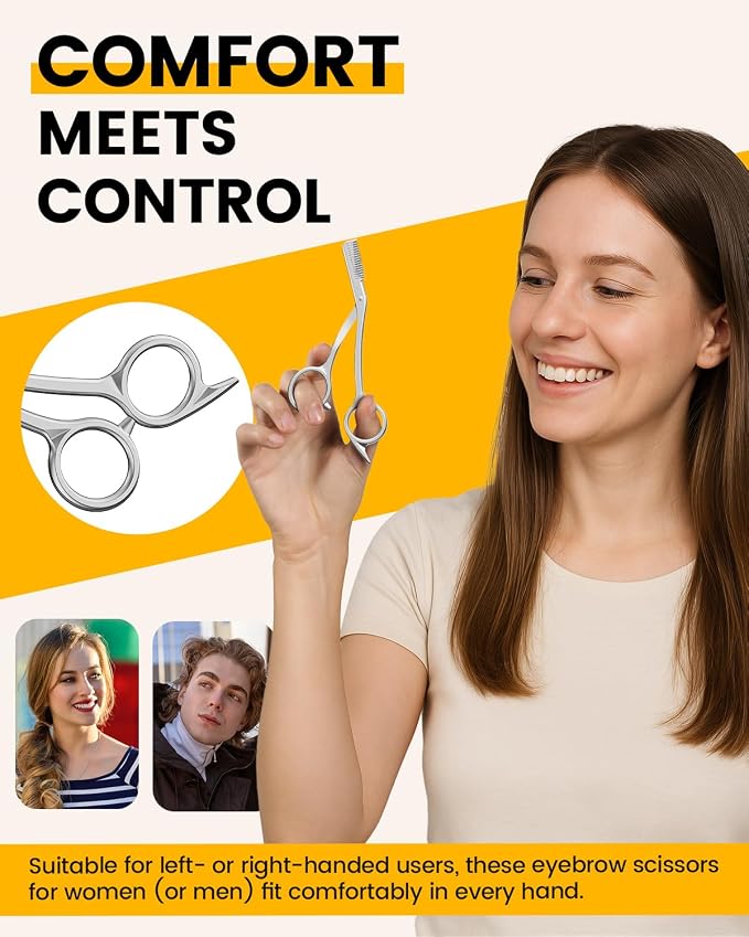 BEZOX Eyebrow Scissors with Comb - Stainless Steel Eyebrow Trimmer for Women and Men, Precision Eye Brow Comb Scissors, Sleek Eyebrows Grooming Kit - Silver