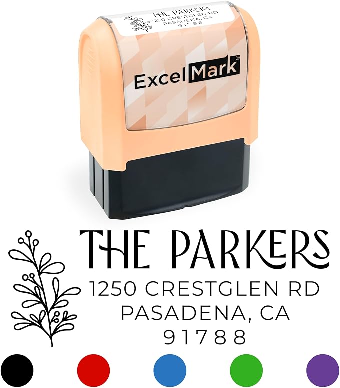 ExcelMark Address Stamp - Custom Return Address Stamp with Elegant Designs, Vibrant Colors & Patterns – Perfect for Mail, Invitations & Gifts (Peach, Foliage Edge)