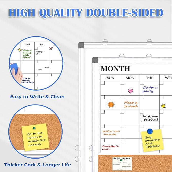 Monthly Calendar Whiteboard Dry Erase Cork Board Combo for Wall, 36" x 24" Magnetic Double-Sided Calendar White Board and Bulletin Board, Portable Board for Office, Kitchen, School, Home
