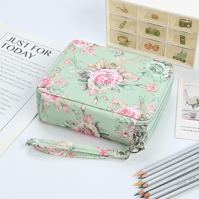 Rose Colored Pencil Organizer - 72 Slot Case with Zipper for Watercolor Pens, Markers and More