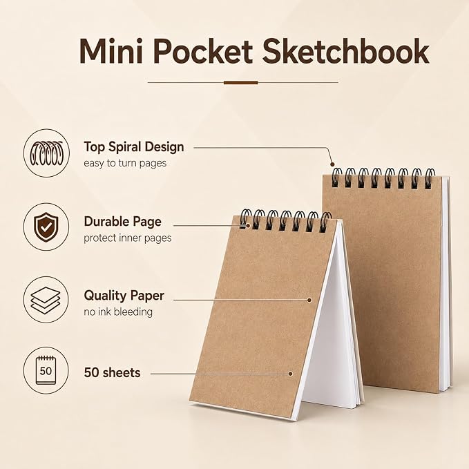 Watersay 30 Pack Small Spiral Notebook Bulk, 3x5 Pocket Notepads,Kraft | Memo Pads, Mini Blank Sketchbook, for School Office Grocery Shopping Lists, Back to School Gift, Students Rewards, 50 Sheets