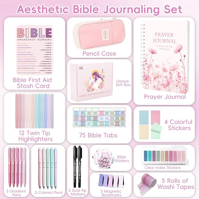 XKDOUS Bible Study Supplies Journaling Kit for Women, Bible Study Kit Journaling Supplies Includes Prayer Journal, Highlighters, Emergency Card, Pencil Case and More, Christian Gifts for Women, Pink