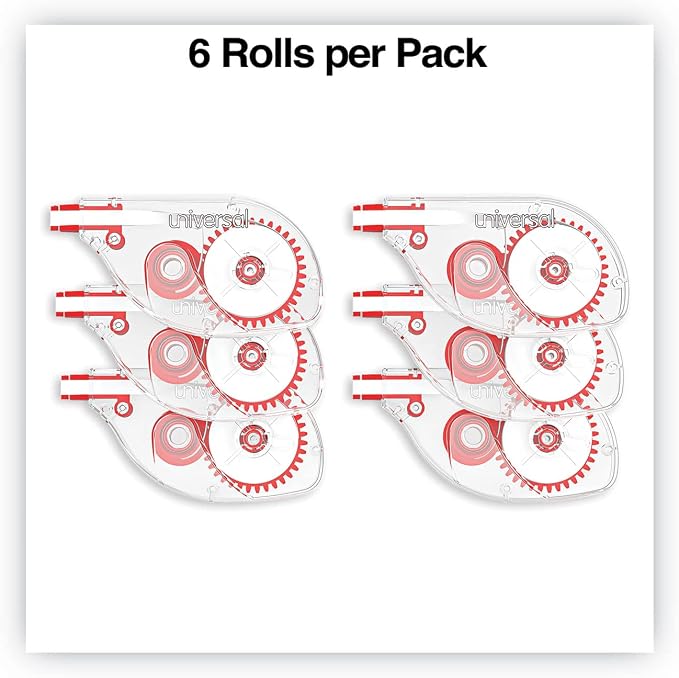 Universal 75610 Side-Application Correction Tape, Clear Red Applicator, 0.2-inch x 393-inch, 6/Pack