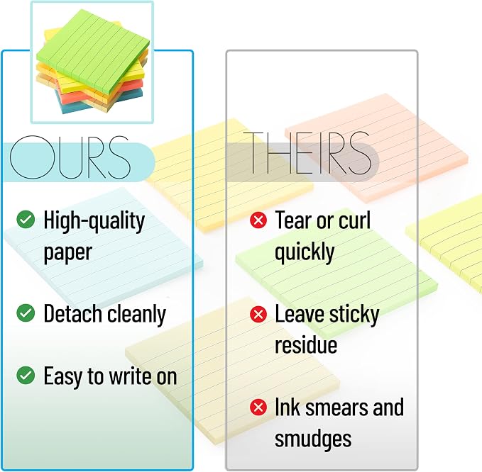 Mr. Pen- Lined Sticky Notes, 3" x 3", 6 Pads, 45 Sheets/Pad | Sticky Notes with Lines, Ruled Post Stickies, Memo Pads, Self-Stick Note Pad for Office, School, Home, Study & Organization