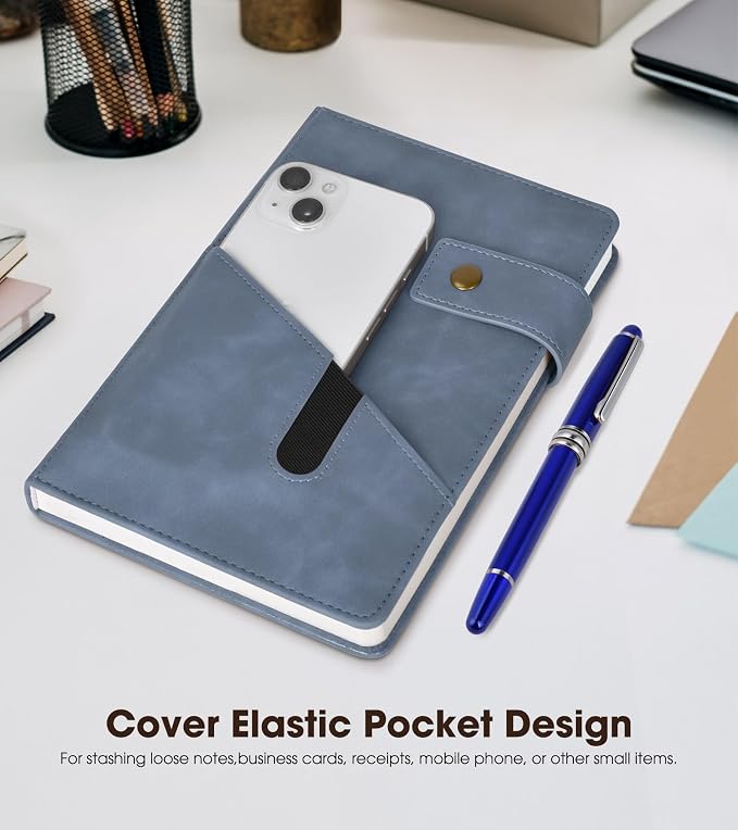 Lined Journal Notebook with Pen, A5 Personalized Hardcover Leather Journal for Men Women, 200 Pages 100 GSM Thick Paper College Ruled Notebooks for Work Travel School Writing Diary 5.9" X 8.4" Blue
