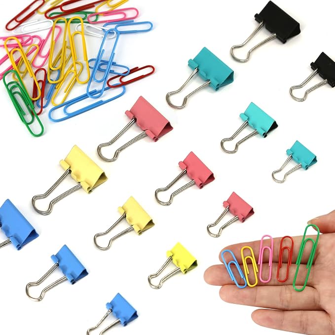 Paper Clips Binder Clips, 400 Pcs Colored Office Clips Set, Assorted Sizes Colored Paper Clips and Binder Clips Set Great for Document Organizing | Assorted Sizes Colored Paper Clips and Binder Clips Set Great for Document Organizing