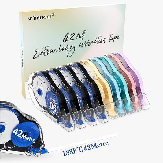 CHANGLi Extra-long Precision White Correction Tape 10-PACK–Instant Coverage, 90° Rotating Tip – 5mm / 0.2” Wide, 42Metre / 137FT Long