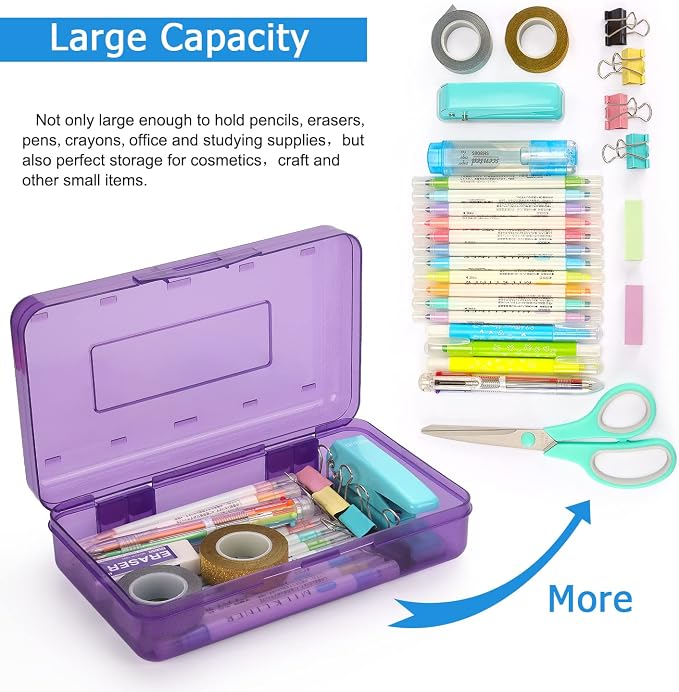 Tamaki 1 Pack Plastic Pencil Box Large Capacity, Purple | Clear Boxes with Snap-tight Lid Stackable Design and Stylish Office Supplies Storage Organizer