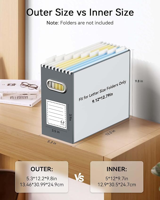 Oterri File Organizer Box, Portable Collapsible Cardboard File Folder Organizer with Handle for Letter Size Hanging Files, Document Storage Box for Home Office & Classroom (8 Packs, Dark Grey)