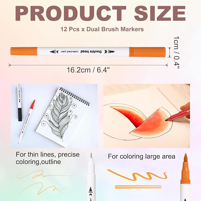 PATIKIL 12Pack Dual Brush Markers, Orange Watercolor Fine and Brush Tips Pens Colored Marker Calligraphy Coloring Art Supplies Set for Coloring Book Illustration Sketching Journaling