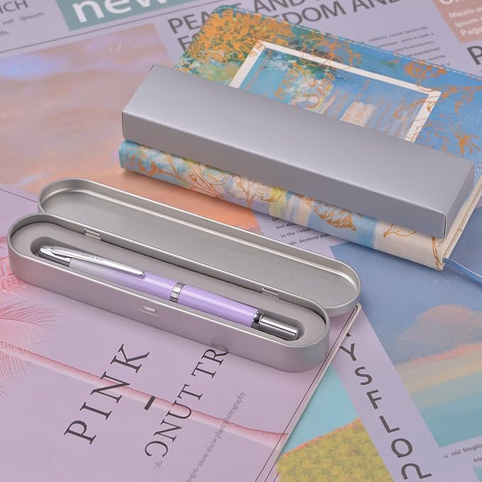 Jinhao 10 Press Fountain Pen with Box, Gradient Light Purple Retractable Fine Nib with Ink Converter Set (Silver Clip)