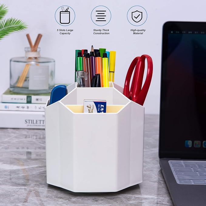 Siveit Desk Pencil Pen Holder, Rotating Pen Organizers 360-Degree 5 Grid Pen Holder for Desktop Storage Stationery Supplies Organizer, Home, Office, School, Kids, White